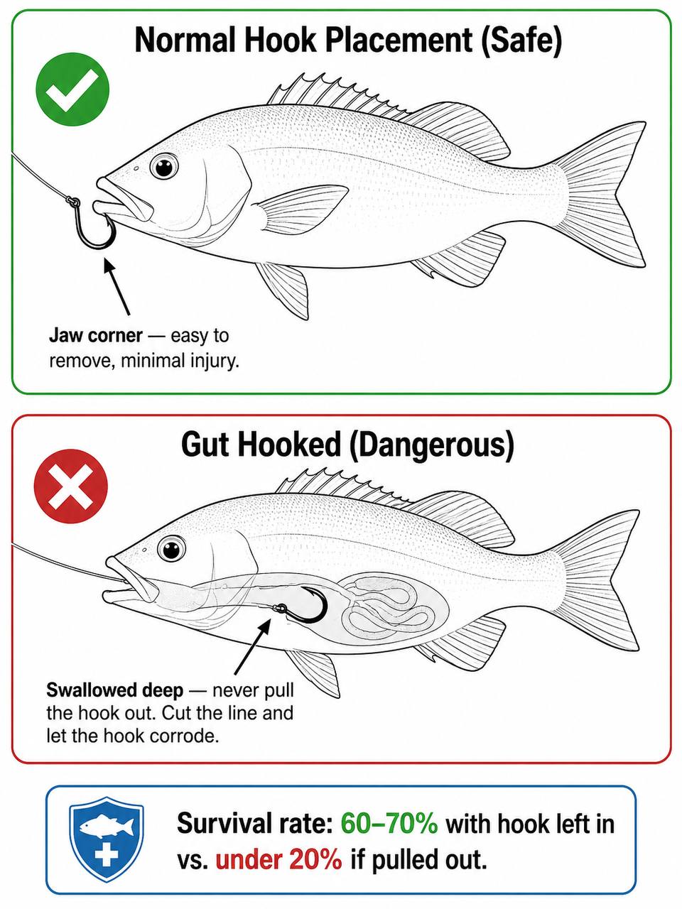 Diagram comparing normal jaw hook placement versus dangerous gut hooking in a fish