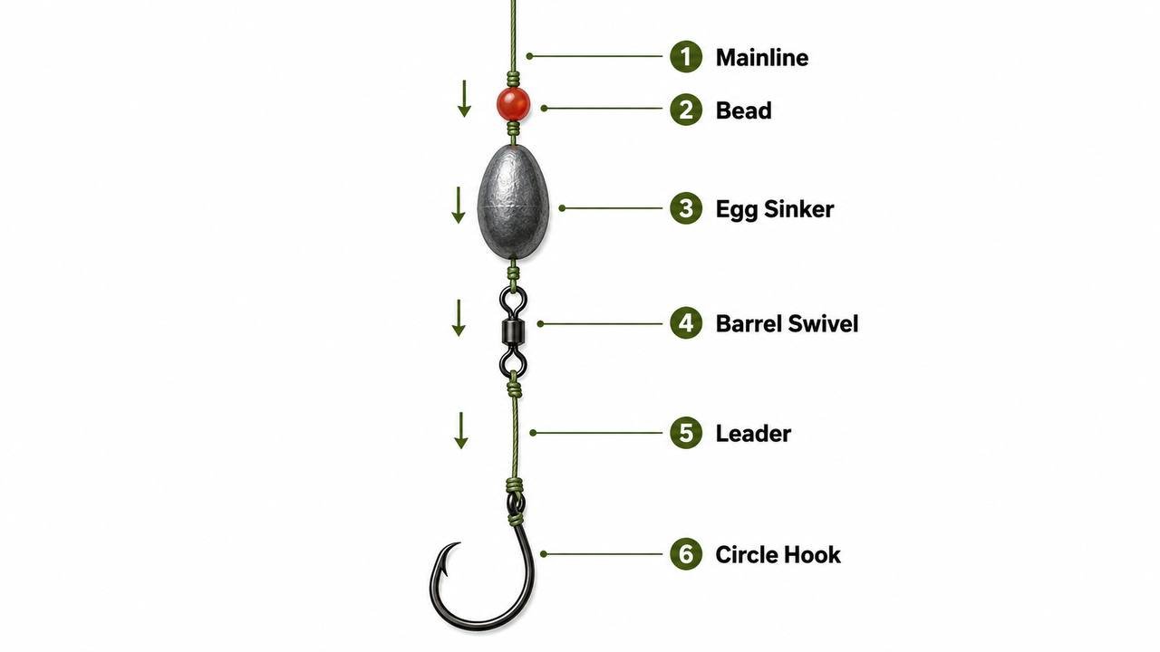 Labeled diagram showing the components of a slip sinker catfish rig in assembly order