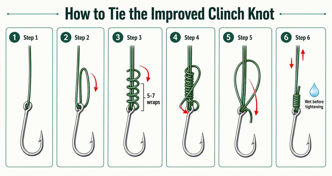 Step-by-step diagram showing how to tie an Improved Clinch knot on a fishing hook, numbered steps 1 through 6