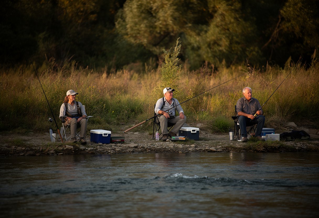 Multiple anglers fishing from a riverbank with comfortable spacing between each other