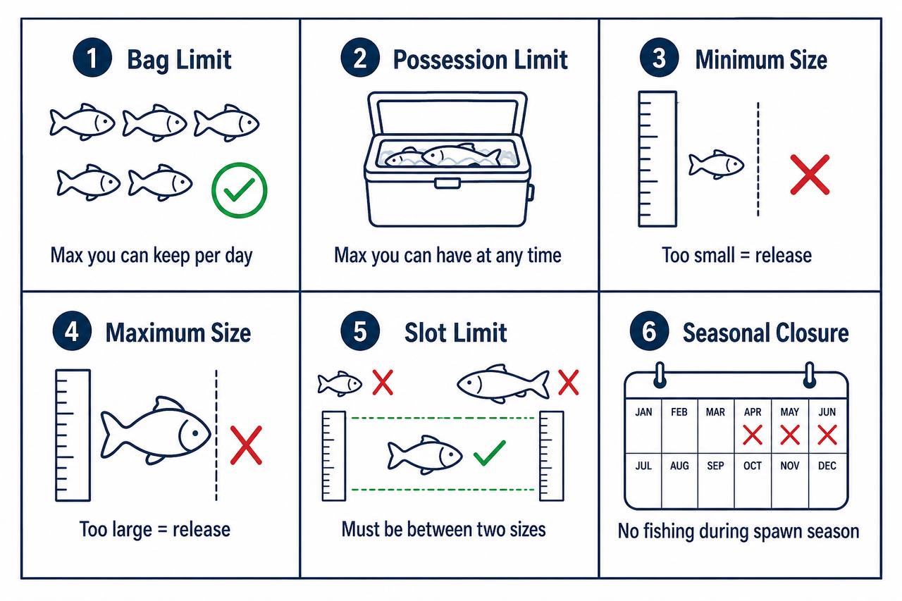 Diagram comparing fishing regulation types: bag limits, possession limits, size limits, slot limits, and seasonal closures