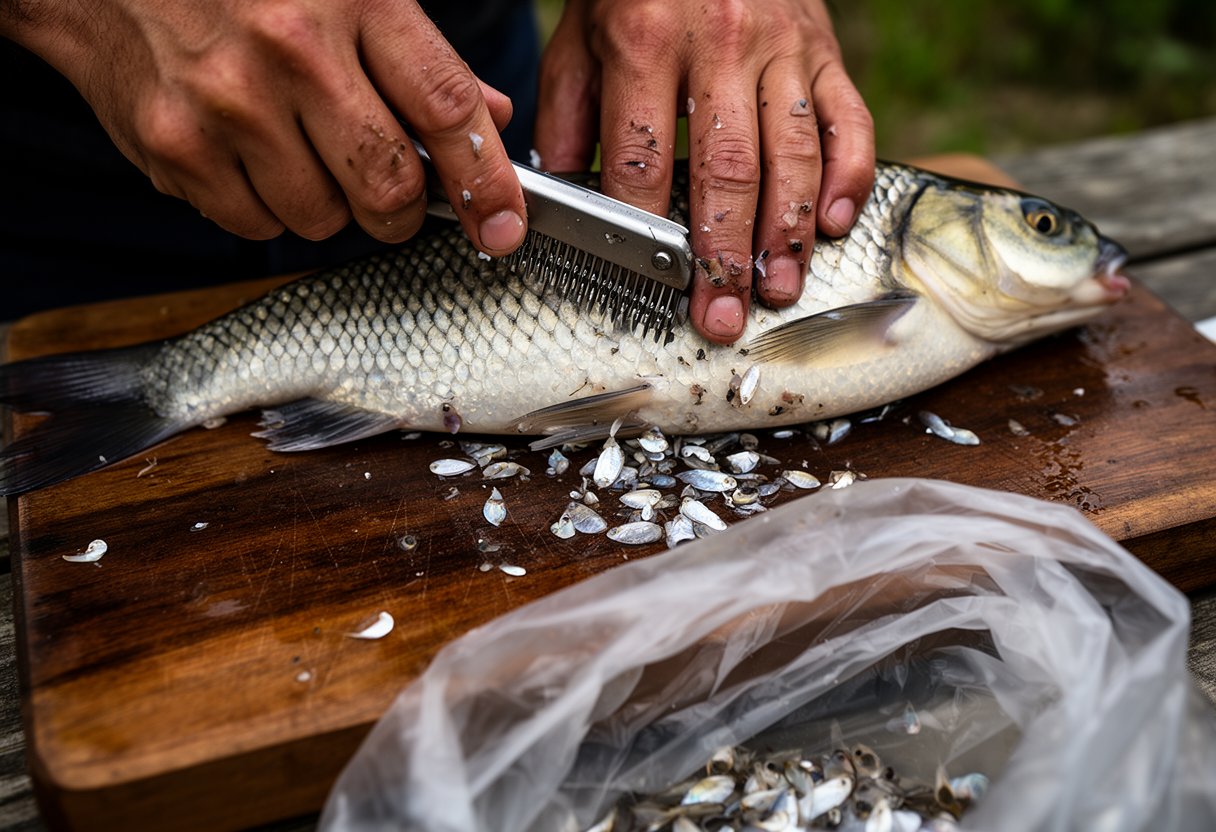 Close-up of hands scaling a fish with a scaler tool, scales scattering into a container