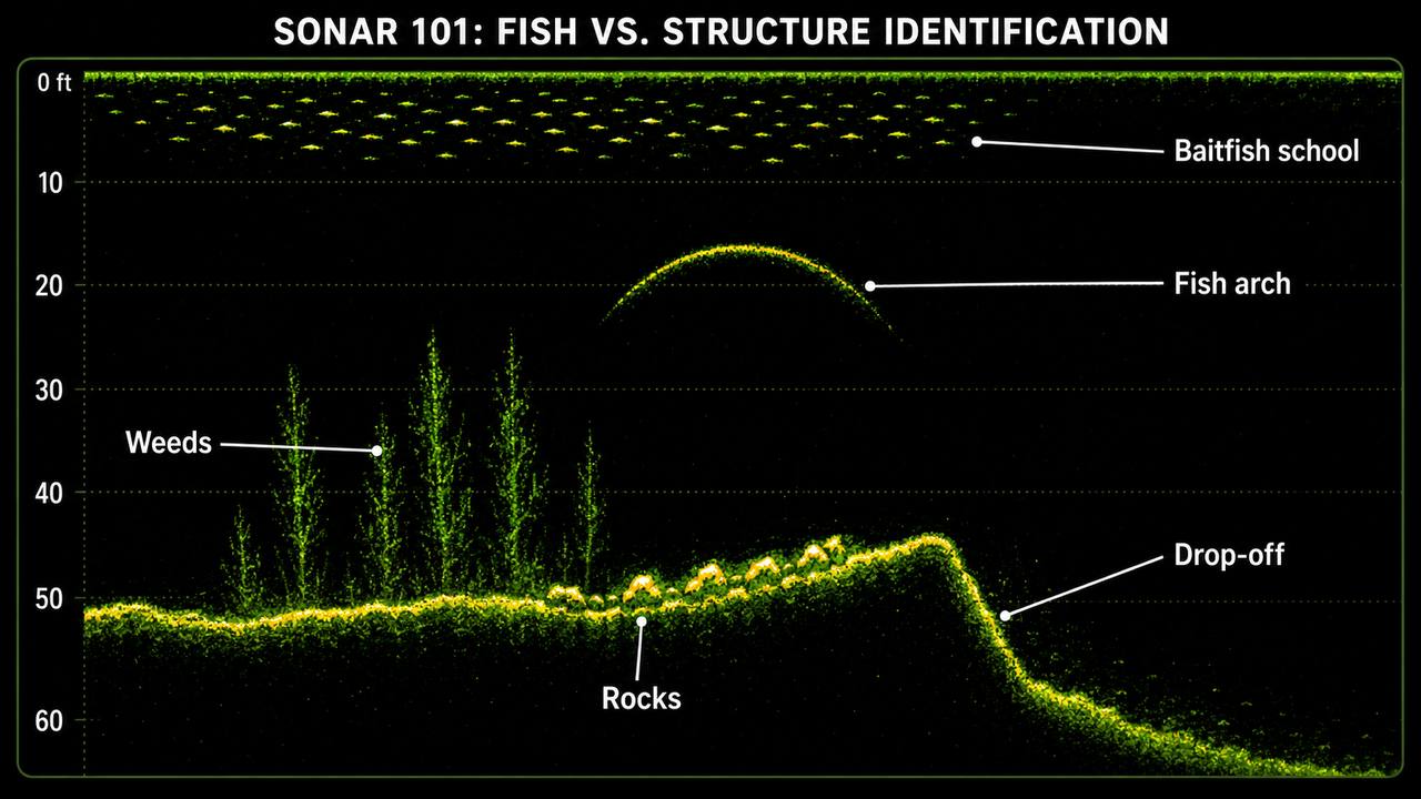 Side-by-side fish finder arch comparison showing that arch thickness indicates fish size while arch length indicates how long the fish was in the sonar beam
