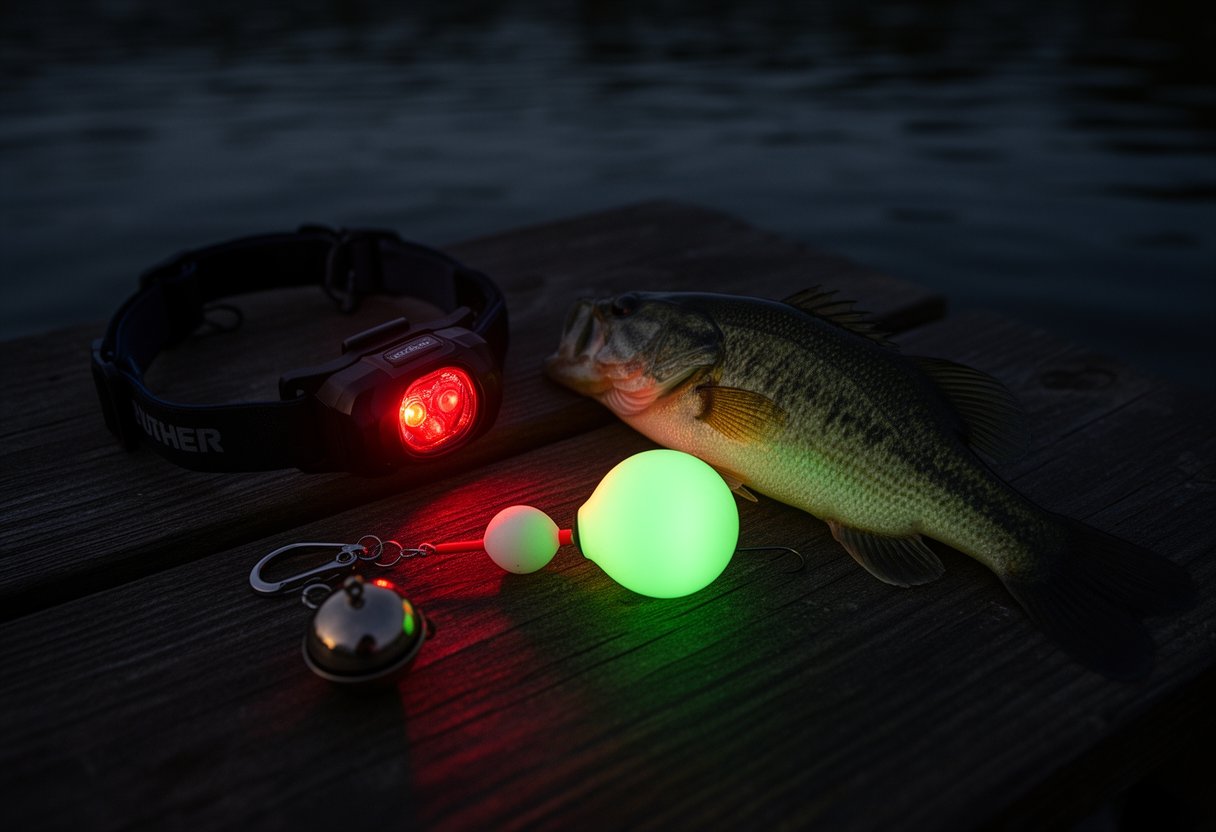 Night fishing gear laid out: red headlamp, glow-in-the-dark bobber, clip-on bell indicator