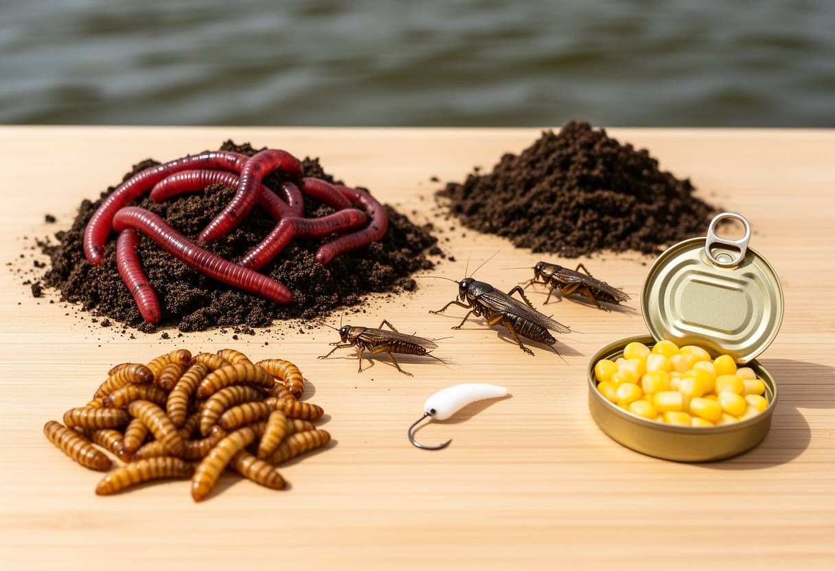 Close-up arrangement of popular panfish baits including earthworms, crickets, mealworms, sweet corn, and a small jig.