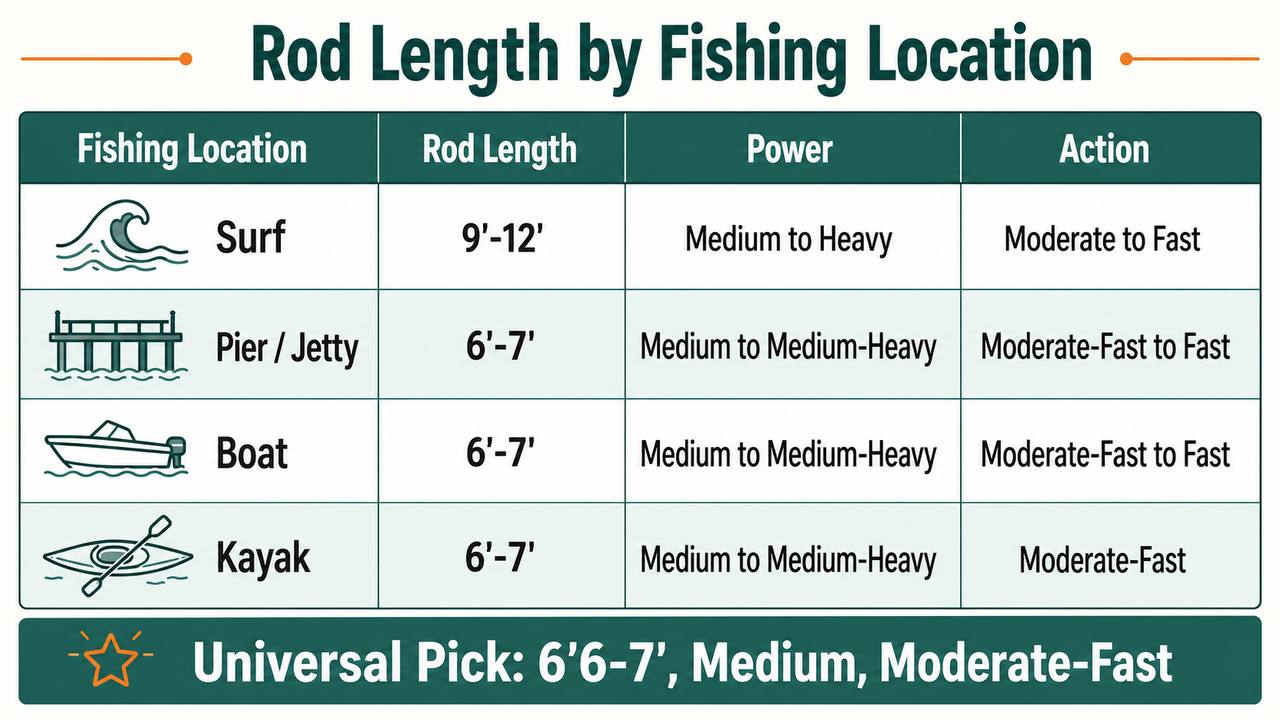 Chart showing recommended saltwater rod length, power, and action for four fishing locations with a highlighted universal beginner recommendation