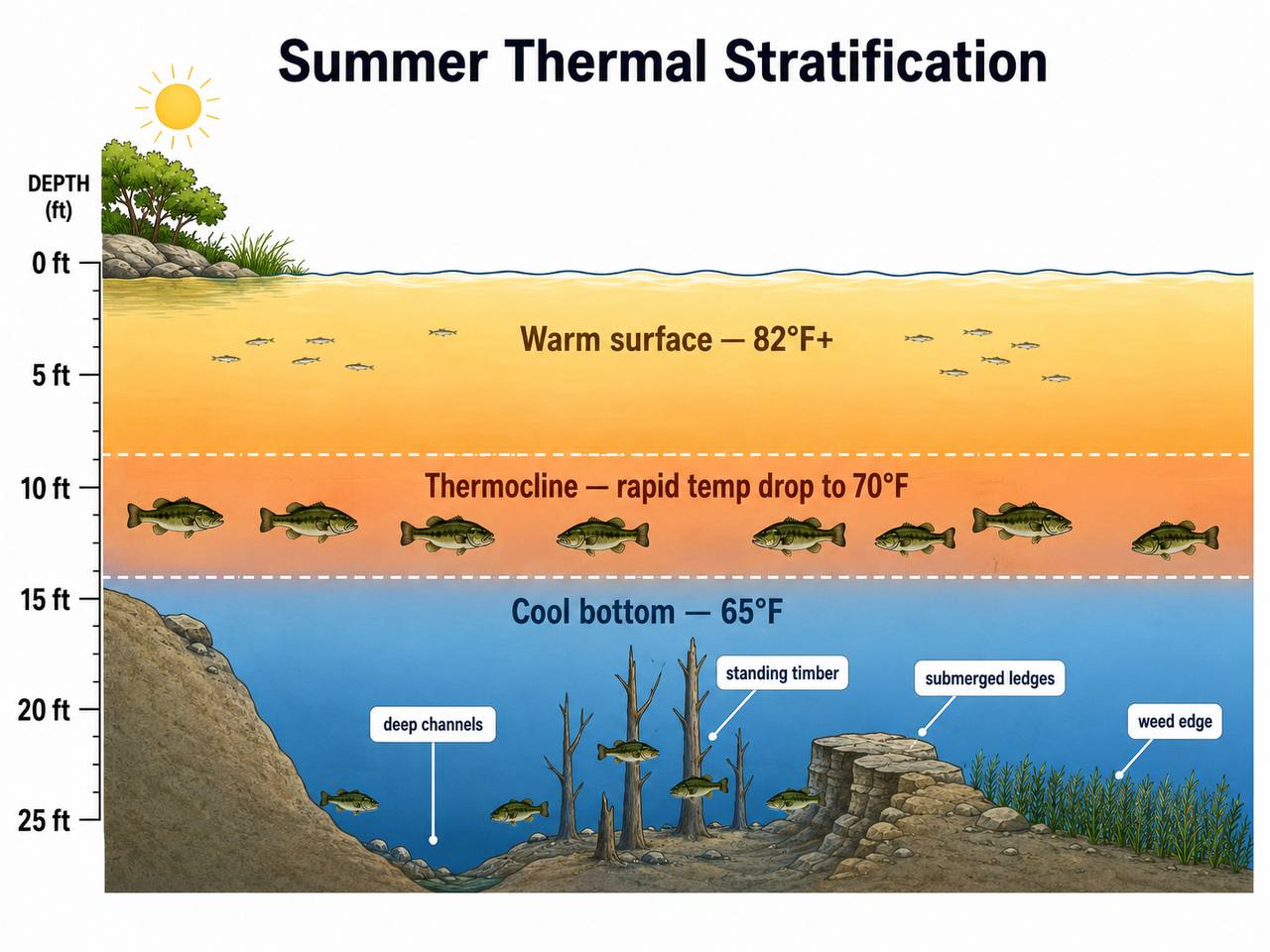 Lake cross-section diagram showing summer thermal stratification with three distinct layers: warm surface layer at 82°F+ from 0 to 10 feet, thermocline zone with rapid temperature drop from 10 to 15 feet reaching 70°F, and cool bottom layer at 65°F from 15 to 25 feet. Bass are distributed across all layers, and the lakebed features deep channels, standing timber, submerged ledges, and weed edges.