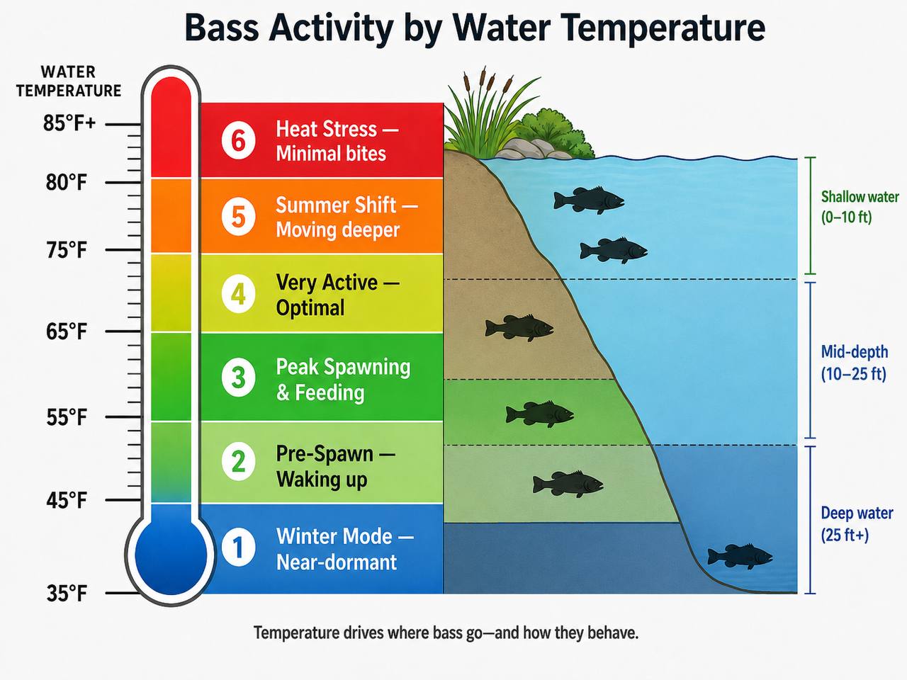Lake cross-section diagram showing summer thermal stratification with warm surface layer, thermocline at mid-depth, and cooler bottom water, with bass holding near the thermocline and deep cover