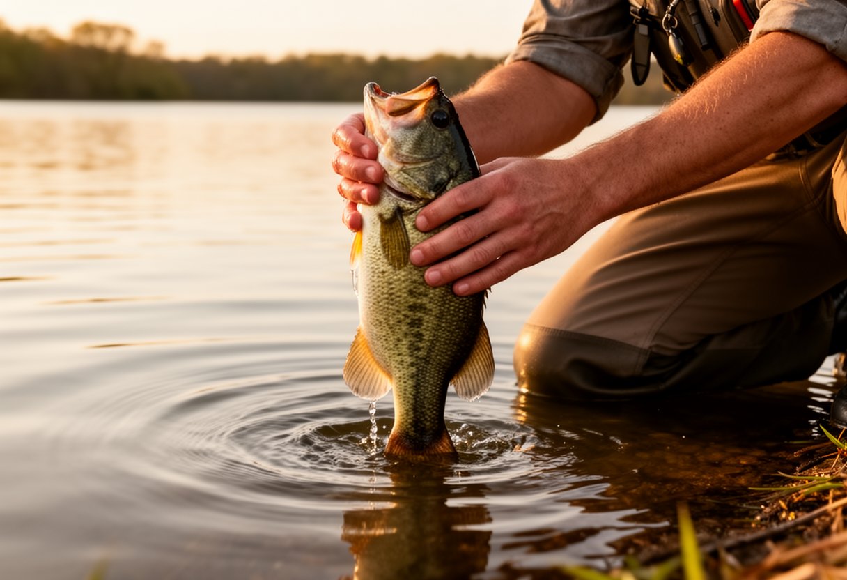 Angler reviving an exhausted fish by holding it upright in the water with both hands supporting its body