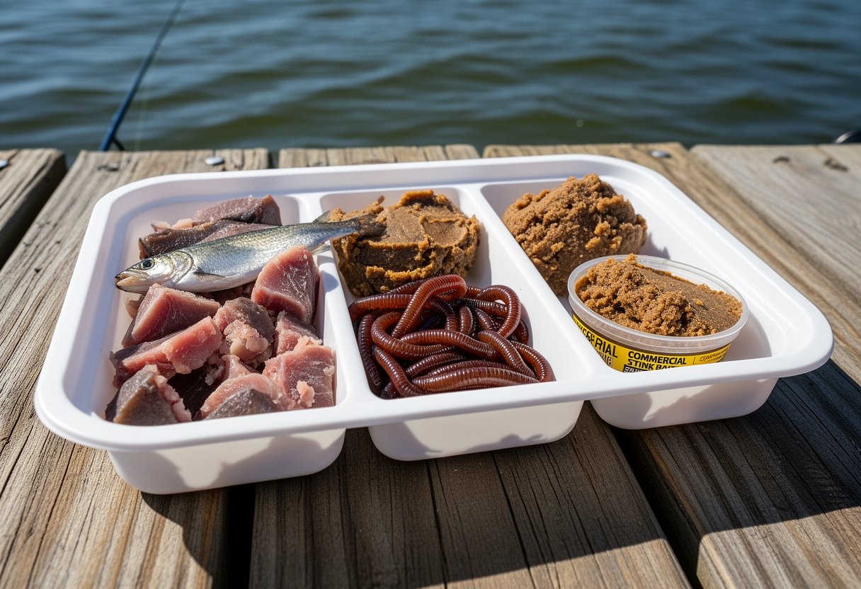 Variety of catfish baits including cut bait fish, nightcrawlers, and stink bait arranged on a dock