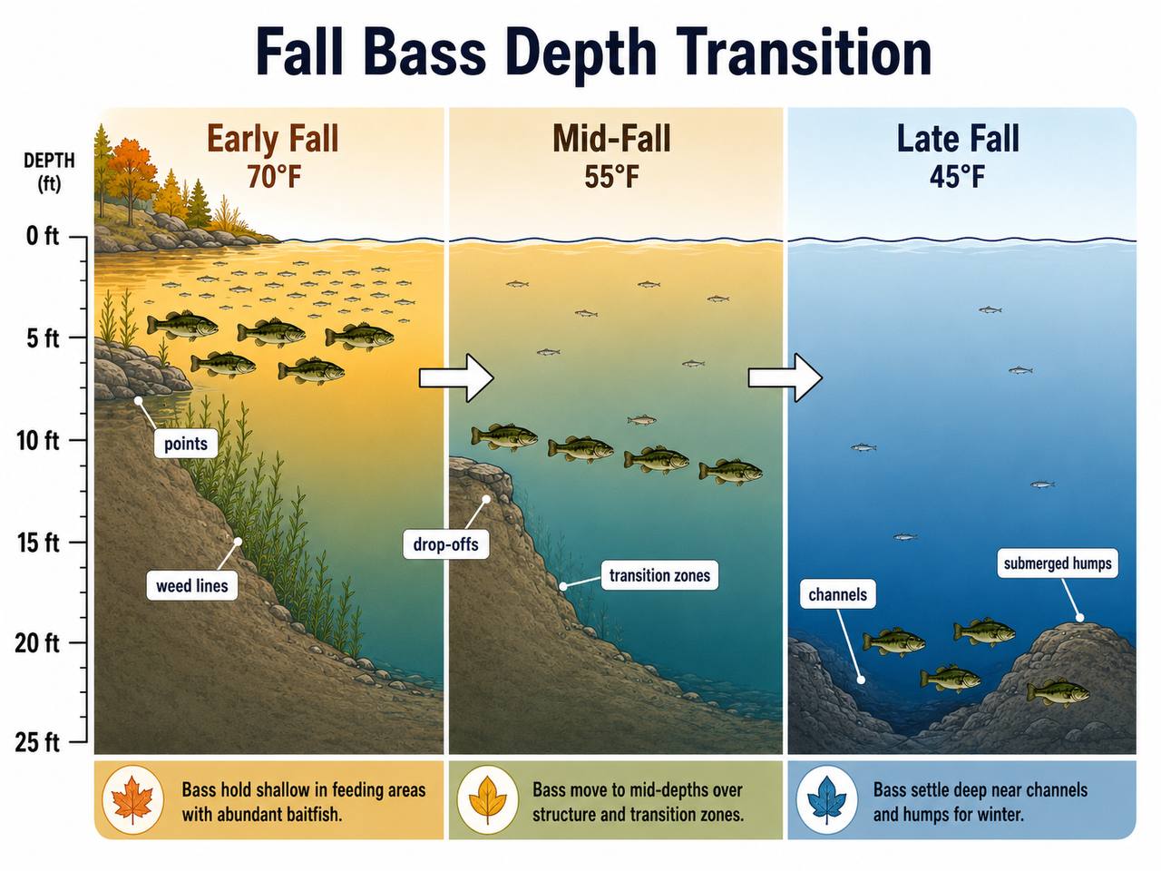 Lake cross-section diagram showing bass moving progressively deeper through fall — from shallow feed belts in early fall to deeper wintering haunts by late fall