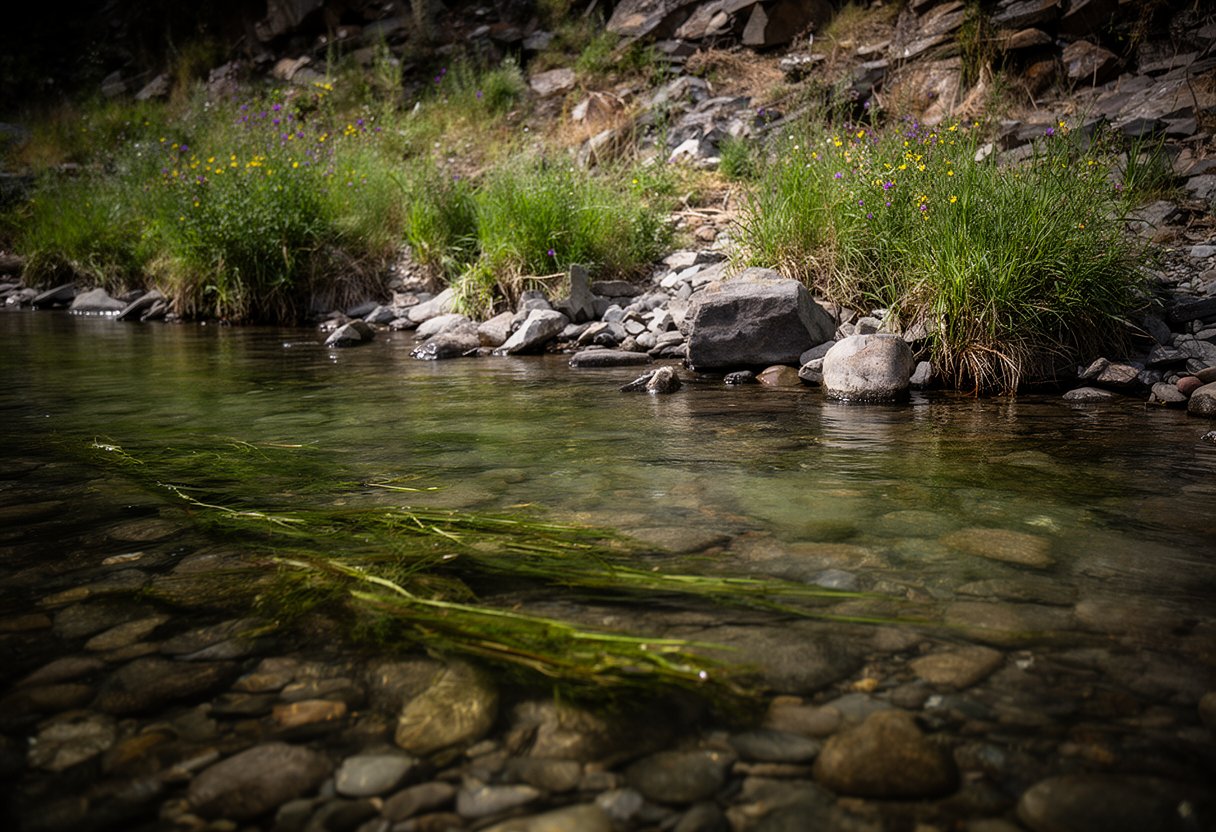 Pristine riverbank fishing spot with clear water and healthy native vegetation