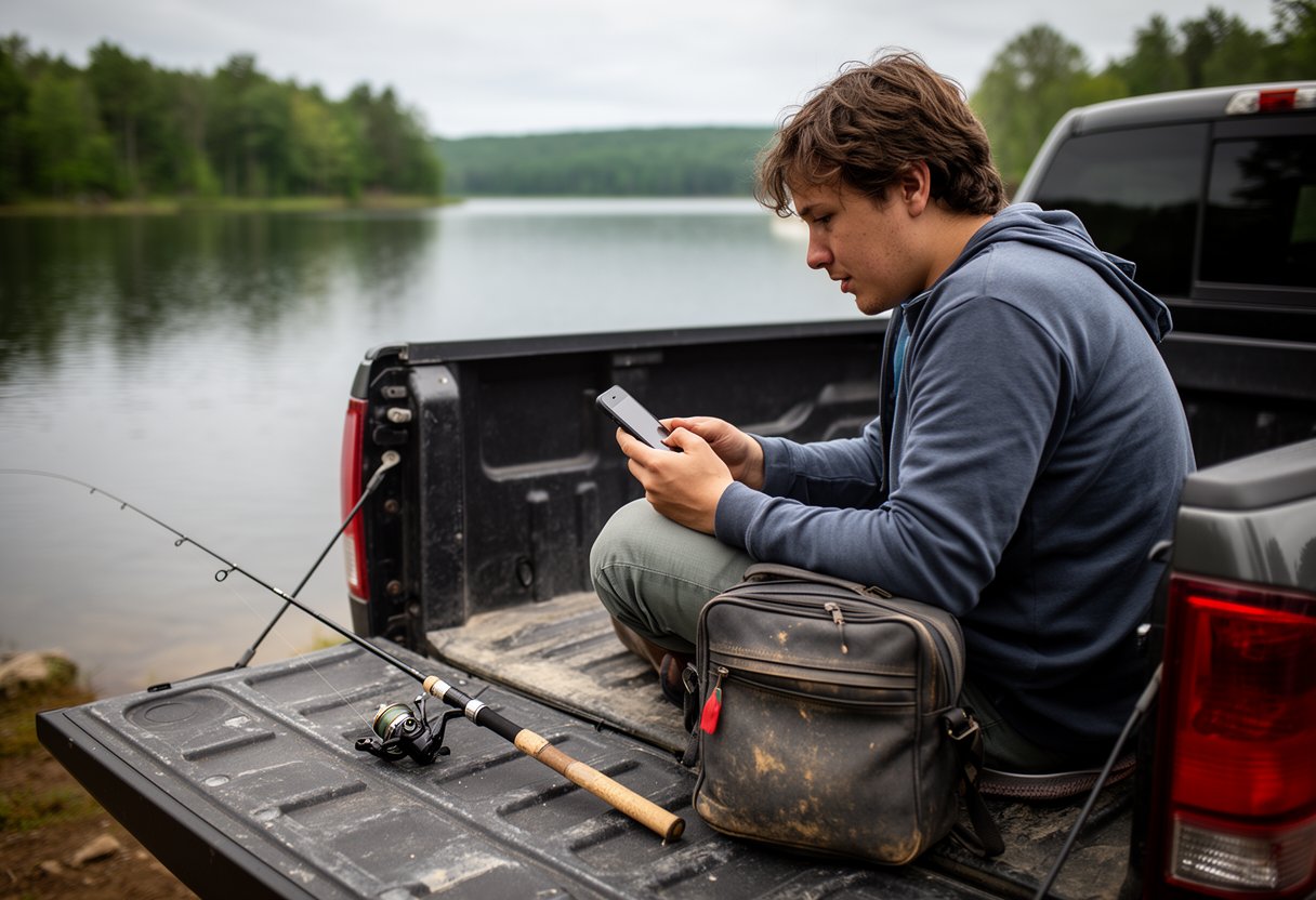 Angler reviewing fishing regulations on smartphone before heading to the water