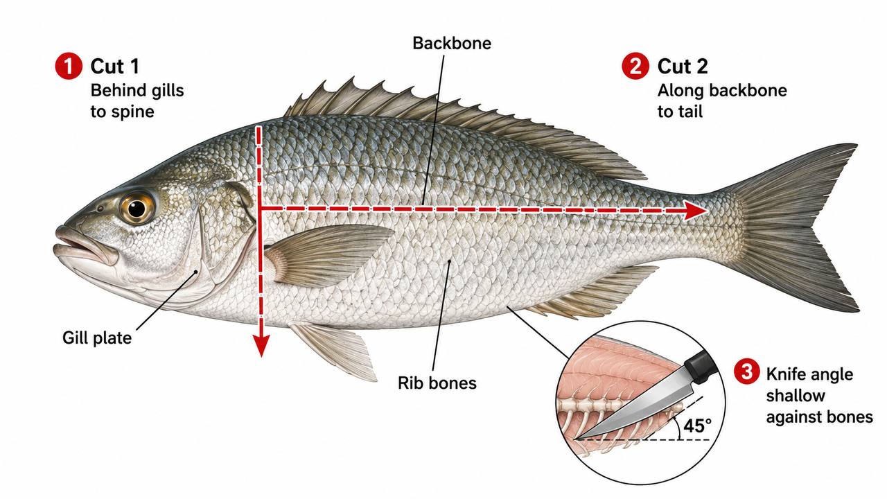 Diagram showing the knife cut path for filleting a fish, with labeled arrows showing where and how to cut