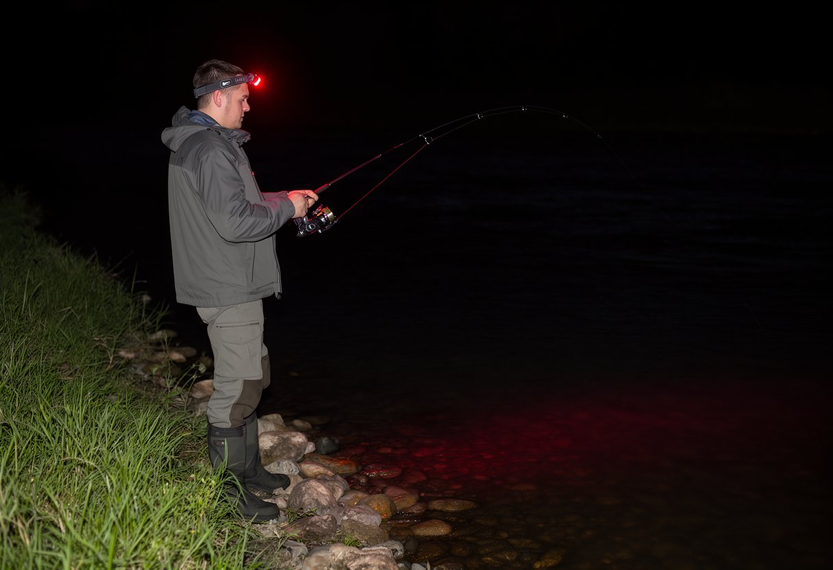 Angler fishing from shore at night with headlamp illuminating the bank