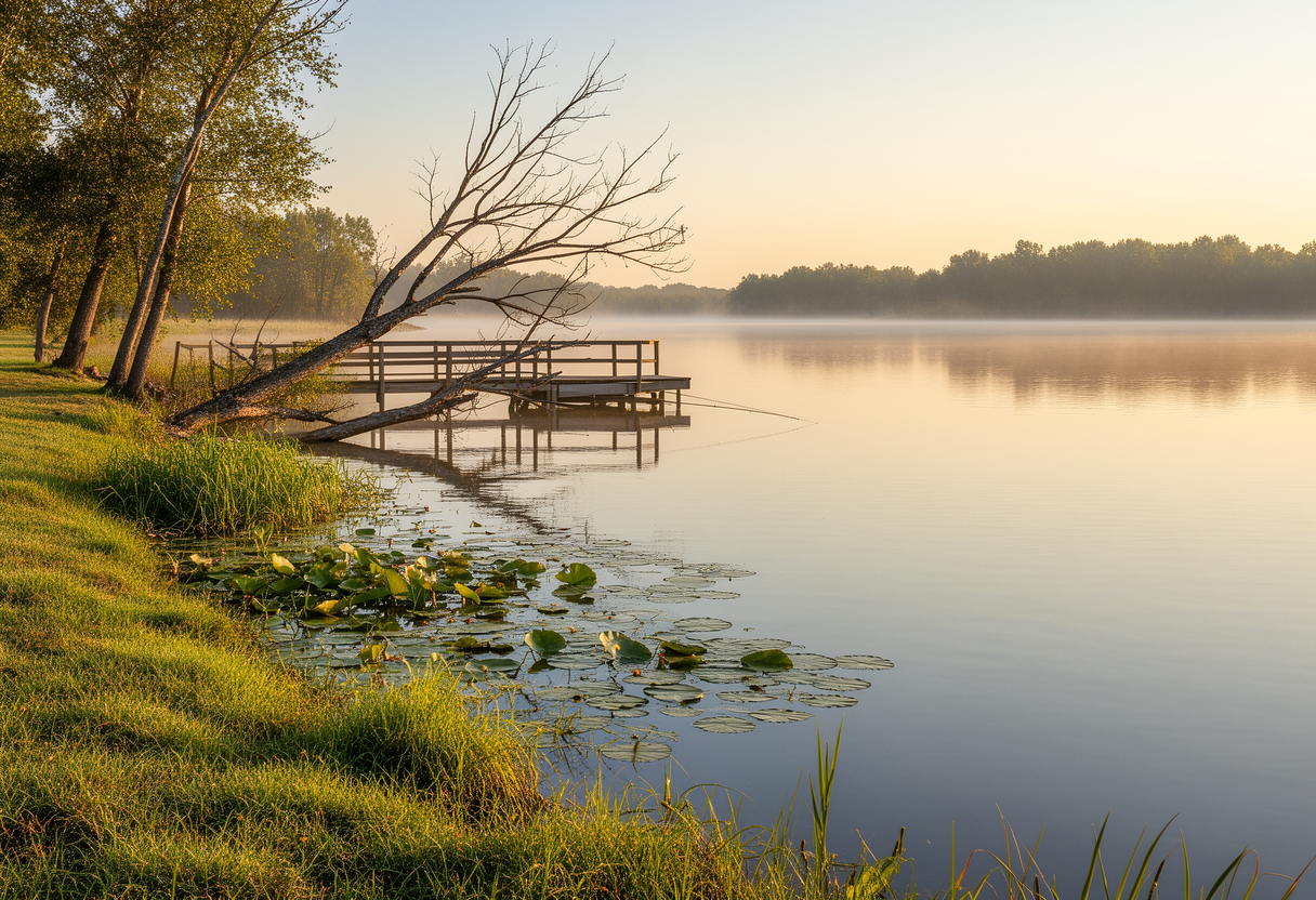 Scenic pond shoreline with weed edges, a fallen tree, and a dock — ideal beginner panfish fishing spots.