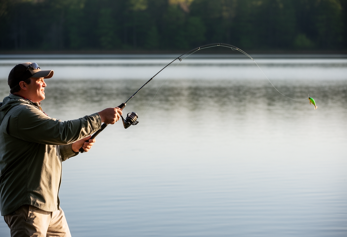 Spinning rod pointed forward at release point during overhead cast