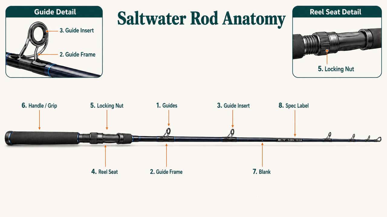 Anatomy diagram of a saltwater spinning rod with labeled parts including guides, guide frame, guide insert, reel seat, locking nut, handle grip, blank, and printed specification label