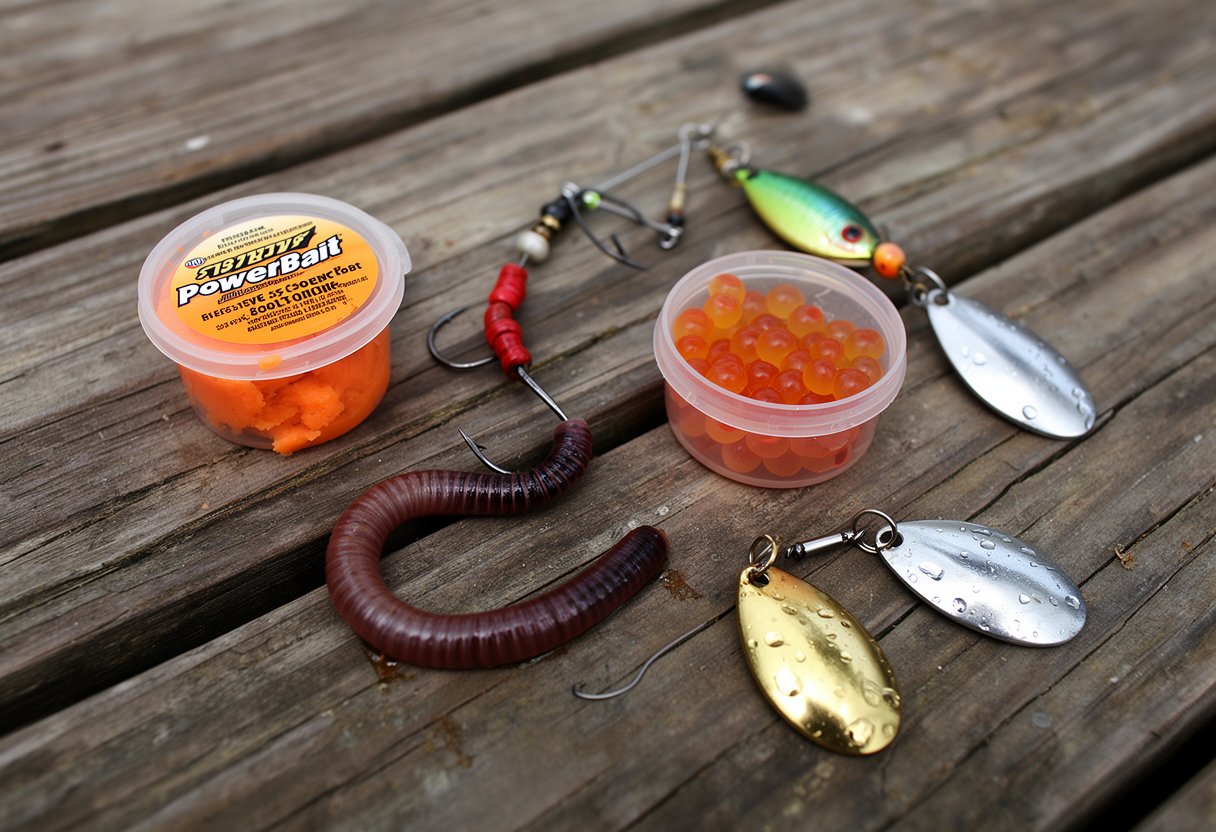 Collection of trout baits including worms, PowerBait, salmon eggs, and spinners