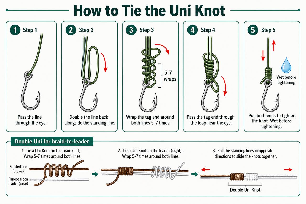 Step-by-step diagram showing how to tie a Uni Knot, with an inset diagram of the Double Uni configuration for connecting braided line to a fluorocarbon leader
