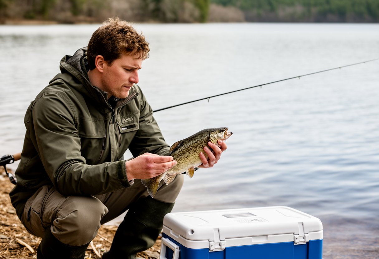 Angler at a lakeside cooler considering whether to keep or release a caught fish