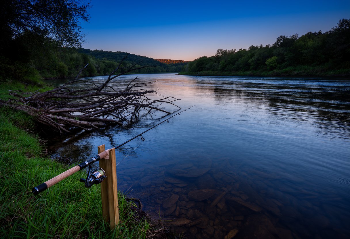 Fishing rod on a bank holder at a river bend with visible structure and calm water at dusk