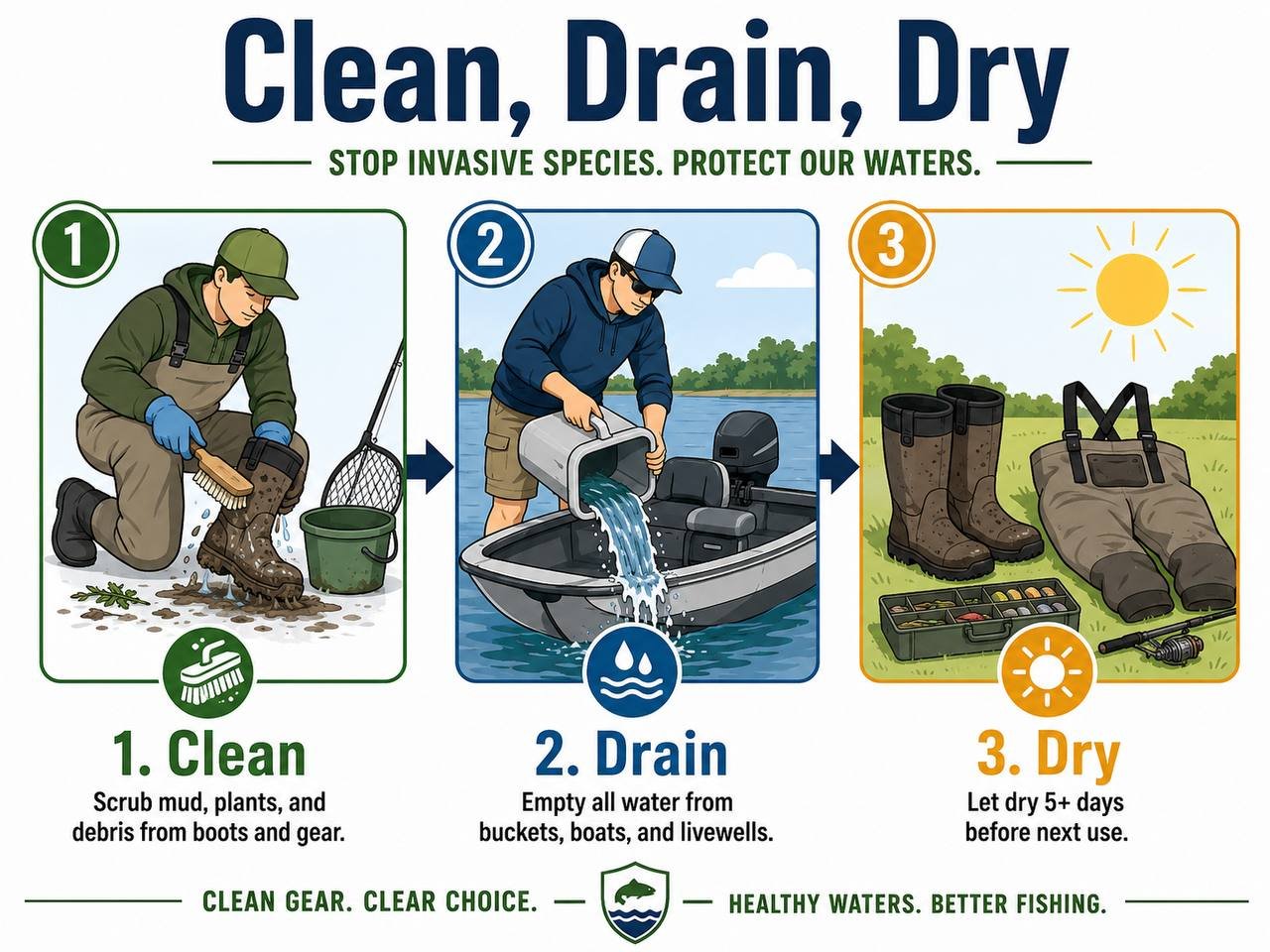 Three-step diagram showing the Clean, Drain, Dry protocol for preventing invasive species