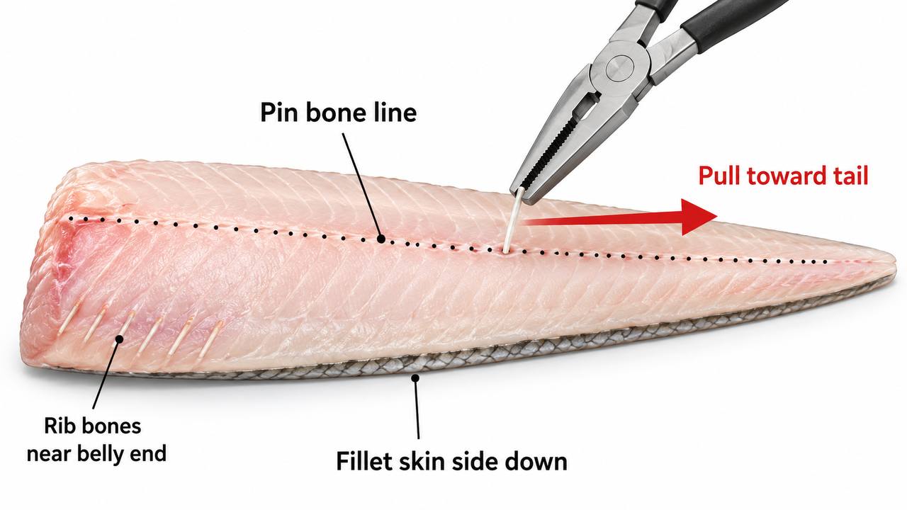 Diagram showing pin bone location in a fish fillet with pliers removing a bone at the correct angle