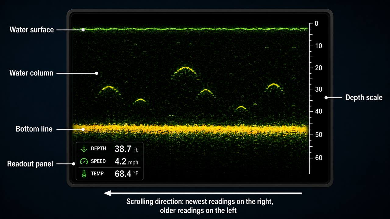 Three fish finder screens comparing gain settings: too high shows noise and clutter, too low misses fish targets, and correctly set gain shows clear fish arches and structure