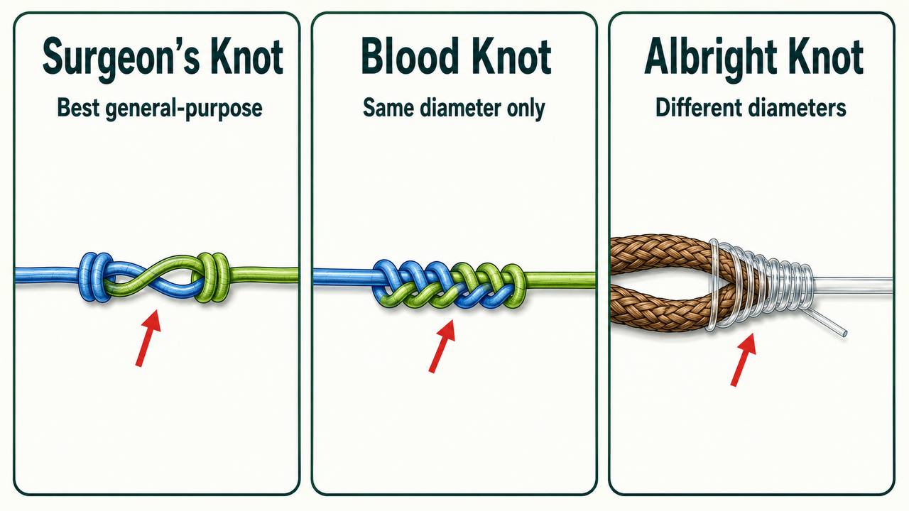 Comparison diagram of three line-to-line fishing knots: Surgeon's Knot for general use, Blood Knot for similar-diameter lines, and Albright Knot for different-diameter connections