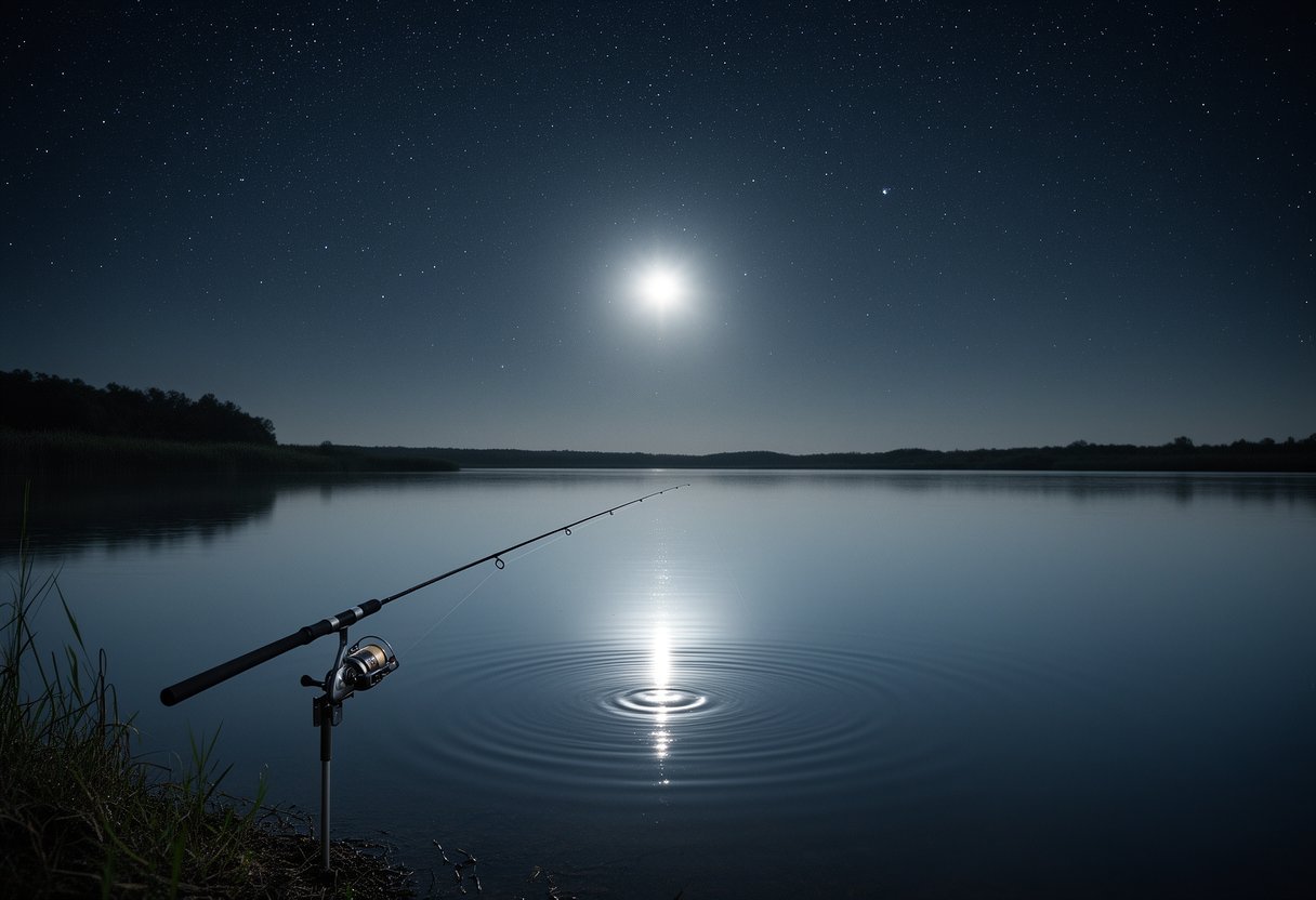 Peaceful night fishing scene with fishing rod in holder beside calm water under starry sky