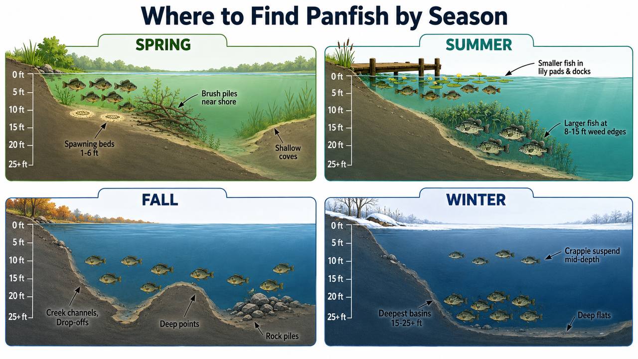Cross-section diagram showing where panfish are typically found by season: shallow in spring, moderate in summer, deeper in fall, deepest in winter.