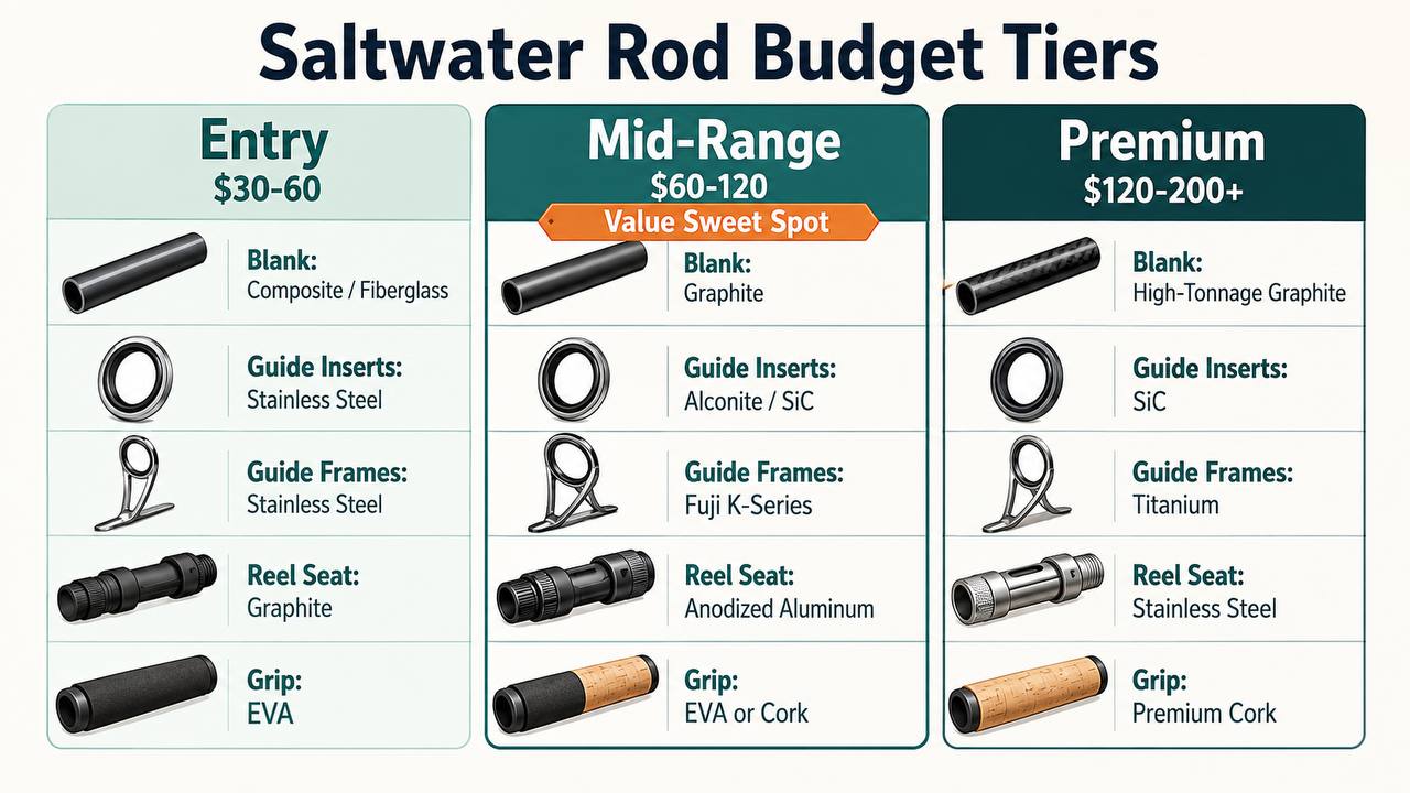 Three-tier comparison chart showing saltwater rod features available at entry-level, mid-range, and premium price points, with the mid-range tier marked as the value sweet spot