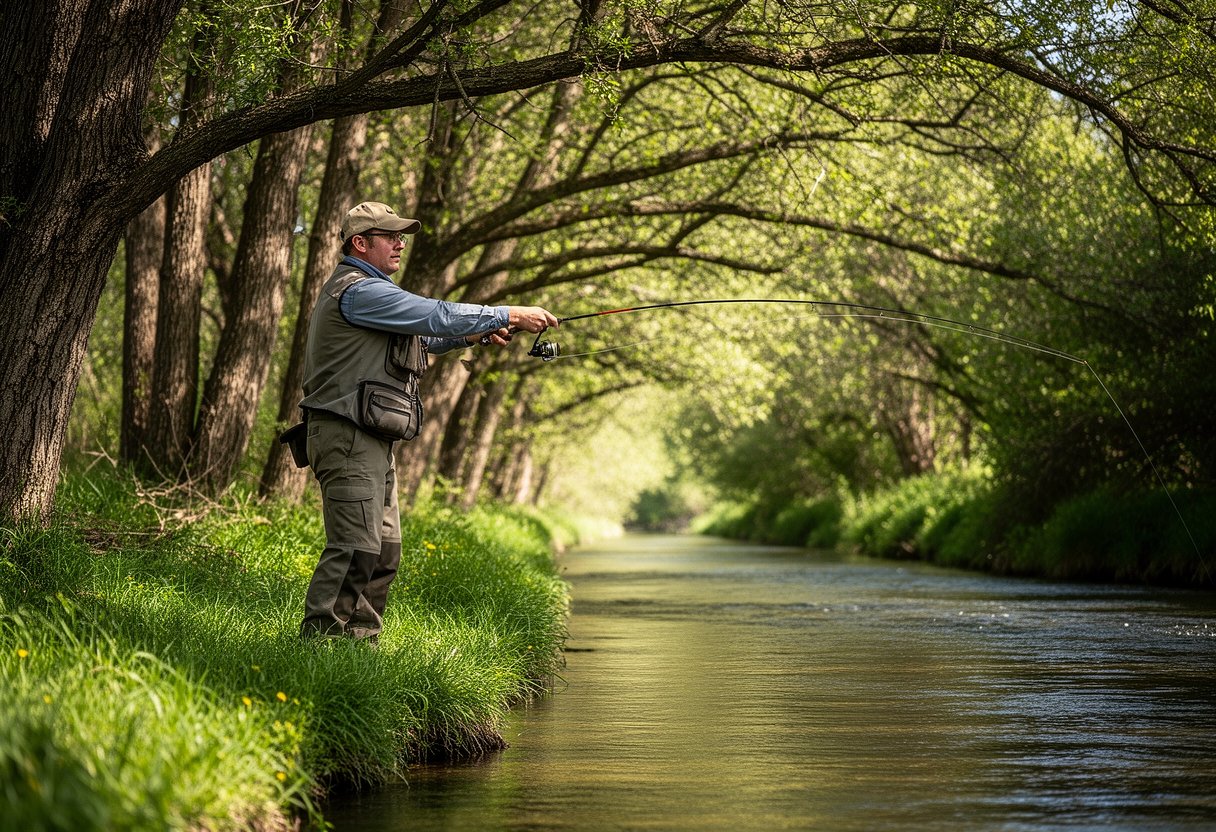 Angler using side cast near tree-lined bank to avoid overhead branches