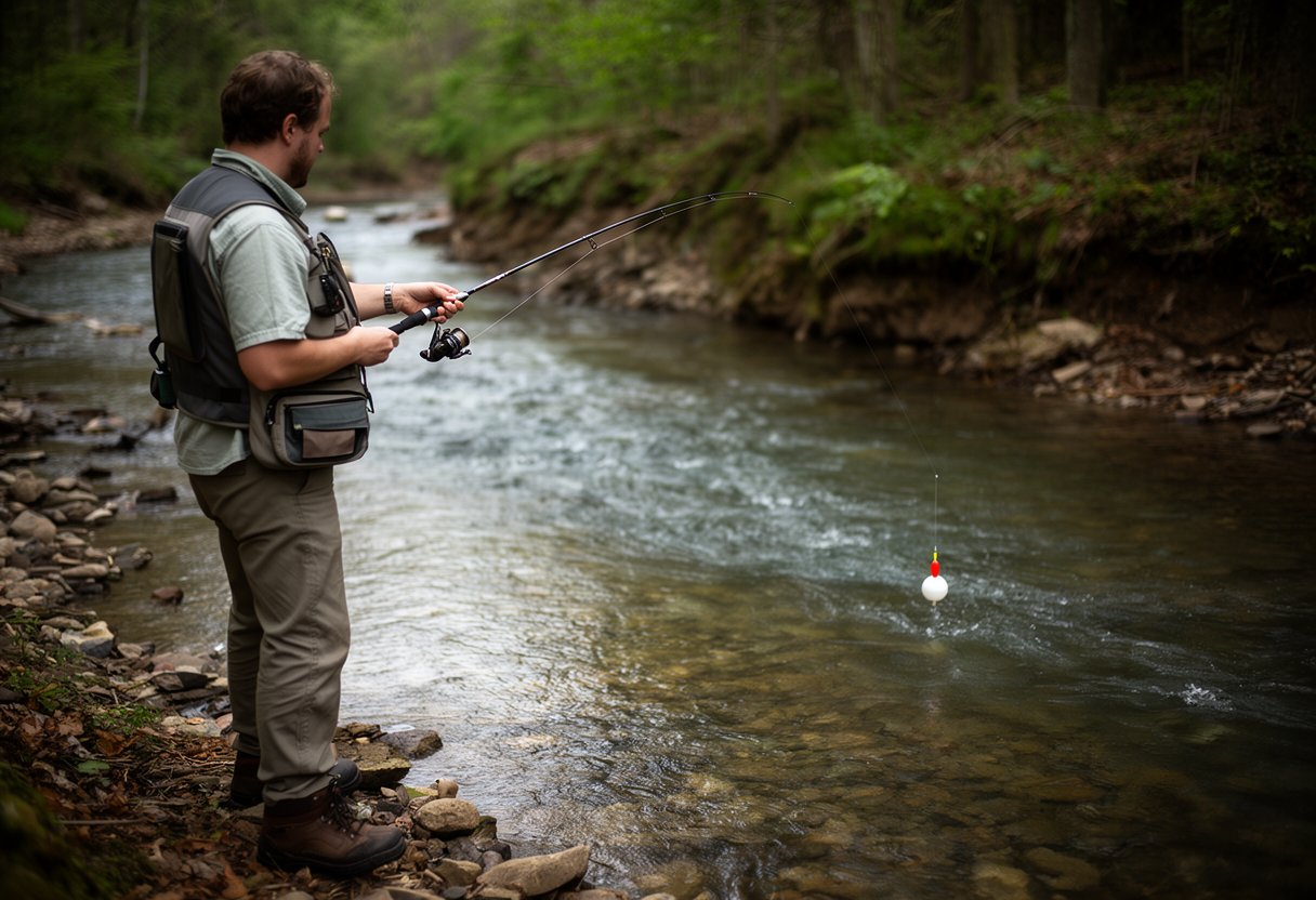 Angler float fishing with a bobber rig in a small stream