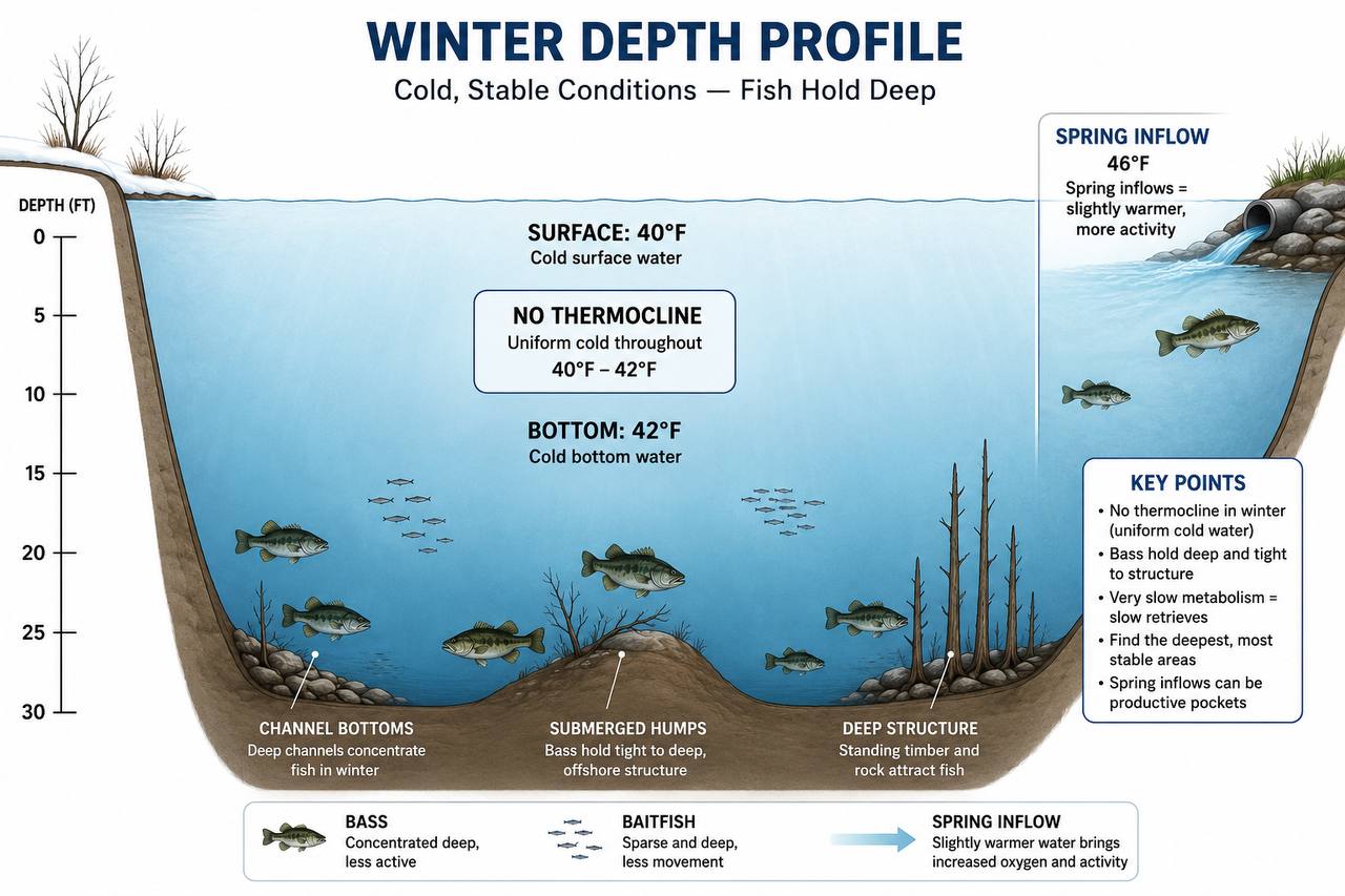 Lake cross-section diagram showing winter conditions with cold uniform water, bass holding deep near channels and submerged humps, and slightly more activity near spring inflows