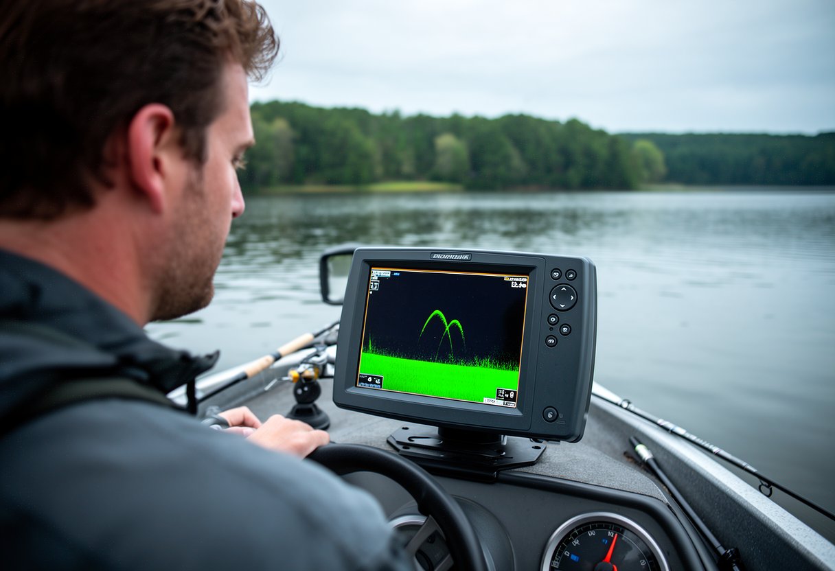 Beginner angler reading a fish finder screen on the water with a boat and lake shoreline in the background