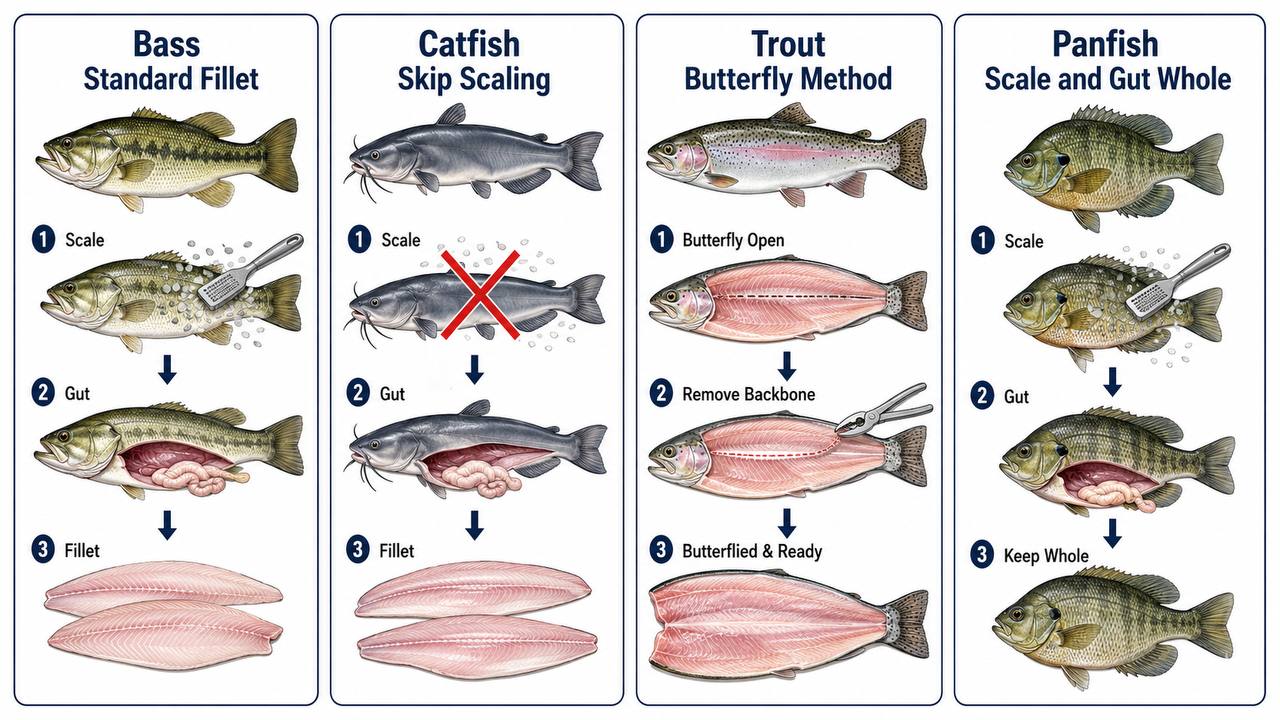 Four-panel diagram comparing cleaning methods for bass, catfish, trout, and panfish