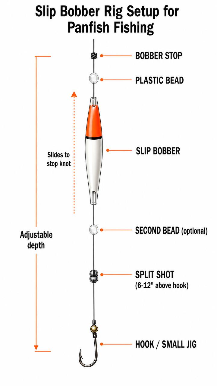 Step-by-step diagram of a slip bobber rig for panfish showing bobber stop, bead, slip float, hook, and split shot in order on the line.