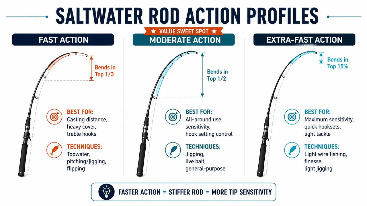 Compatibility chart matching rod power ratings to spinning reel size, line weight, and lure weight ranges for saltwater fishing
