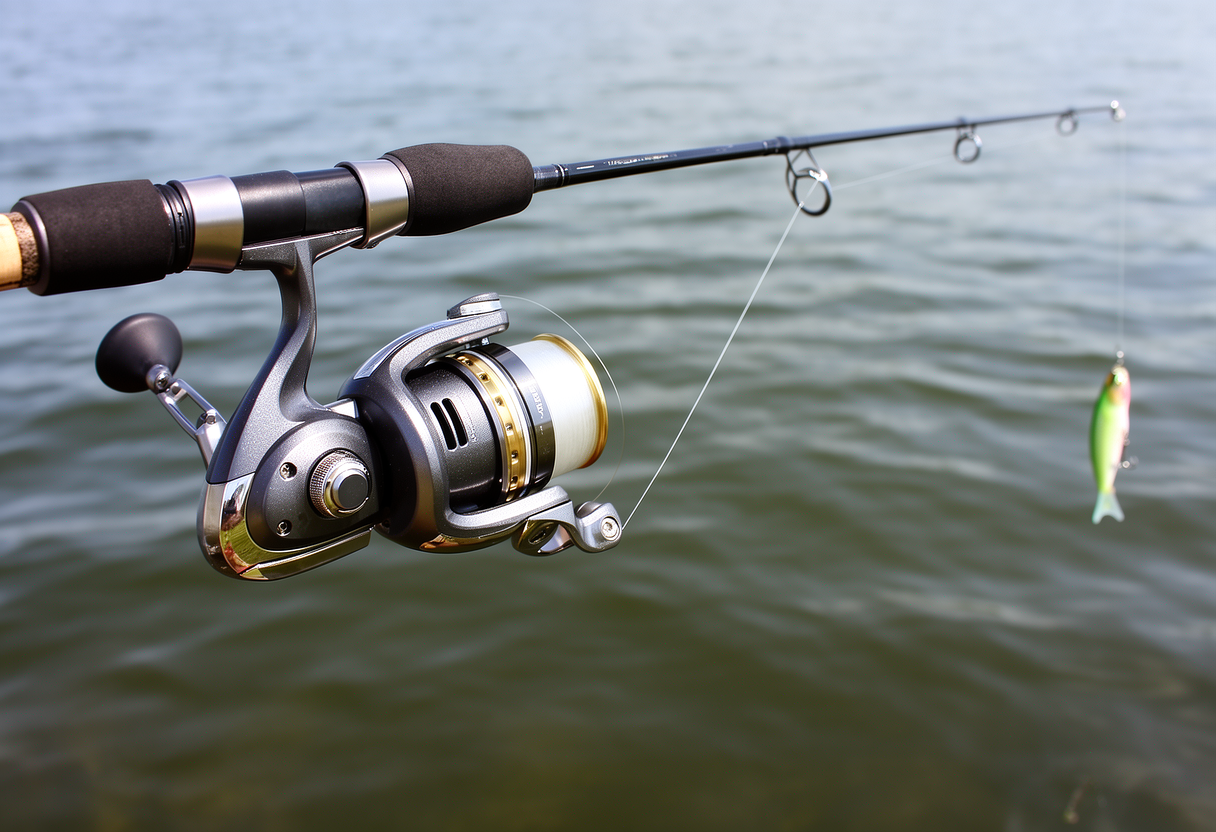 Close-up of spincasting reel with lure positioned for casting