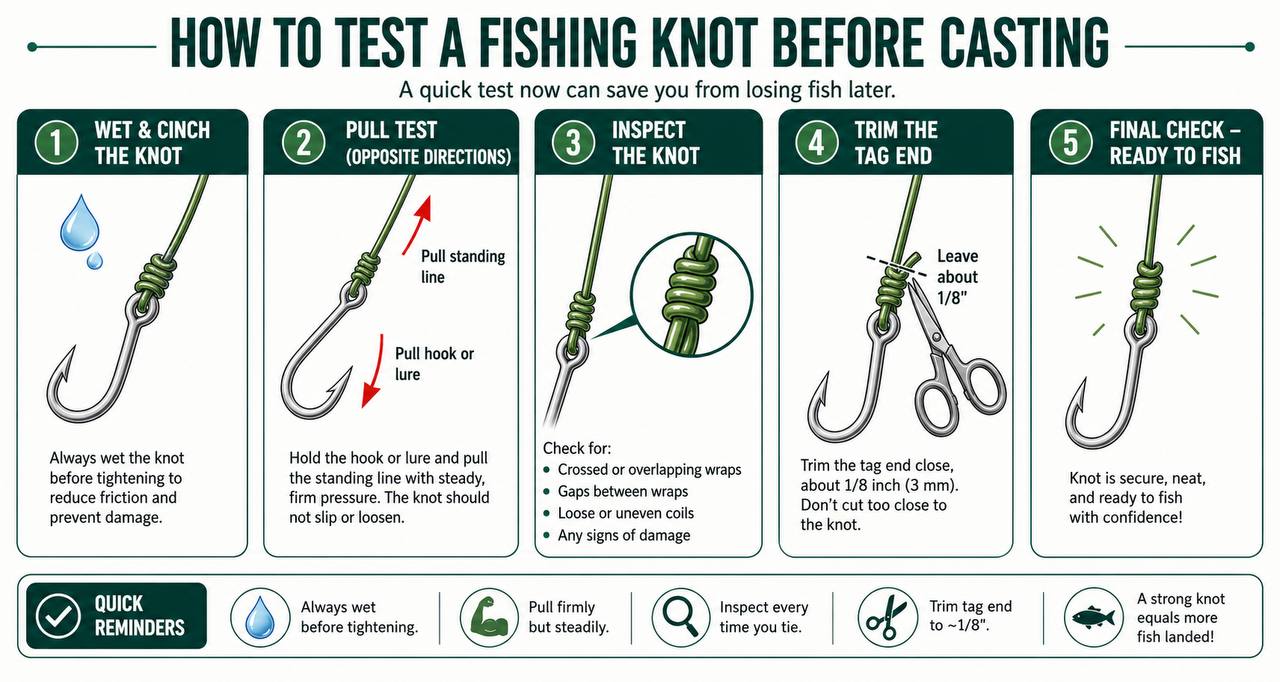 Infographic showing a five-step process to test fishing knot strength before casting: wet and cinch, pull test, inspect, trim tag end, and final check