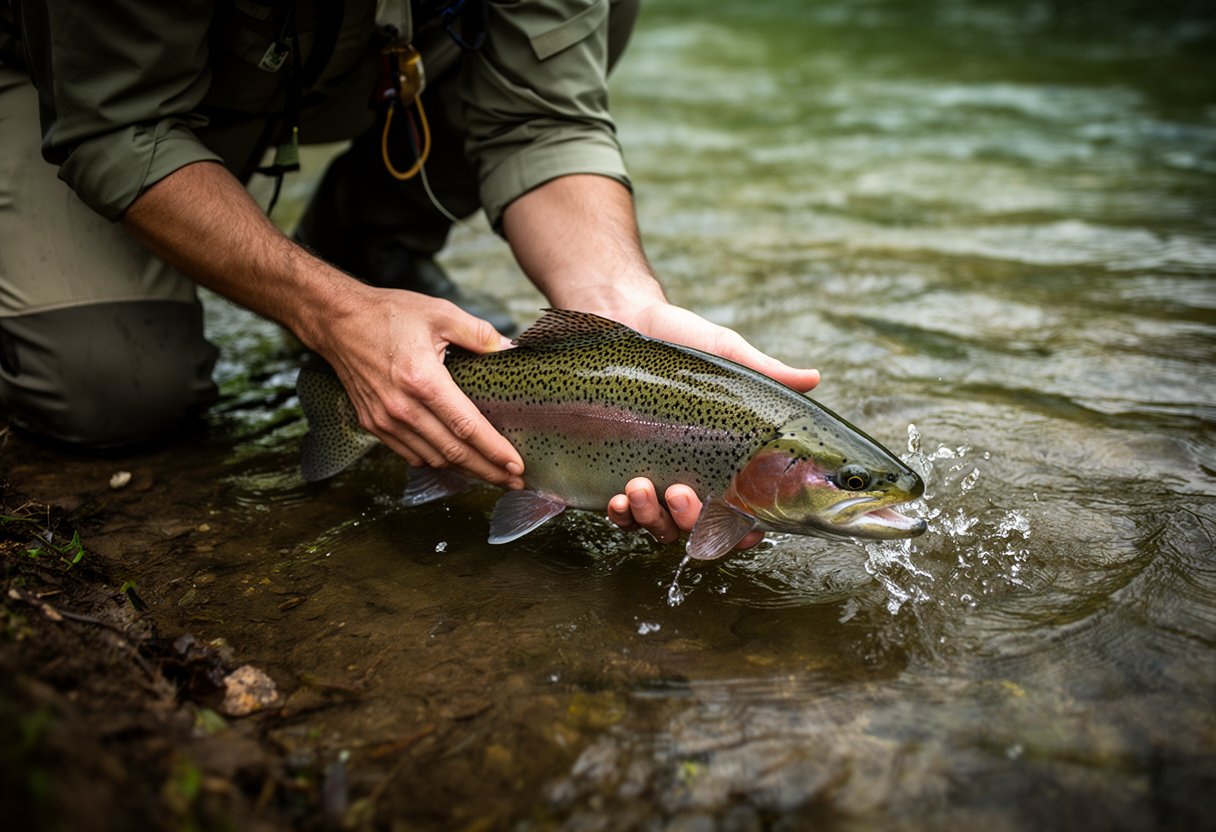 Angler carefully releasing a rainbow trout back into the water