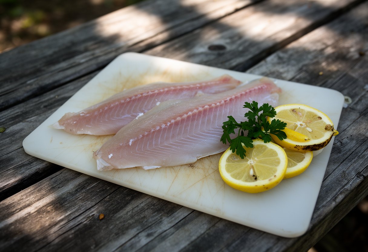 Clean fish fillets arranged on a cutting board with lemon slices, ready to cook