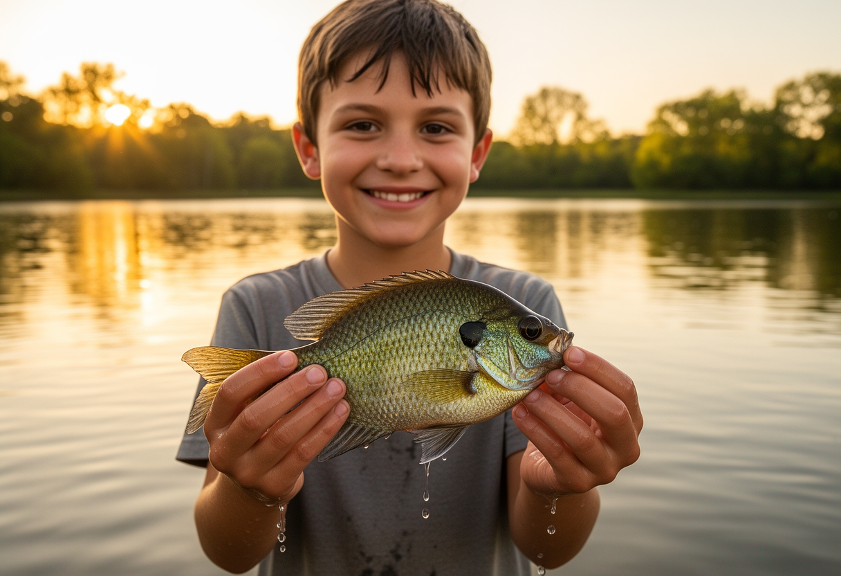 Beginner angler gently holding a bluegill horizontally with wet hands near a calm lake.