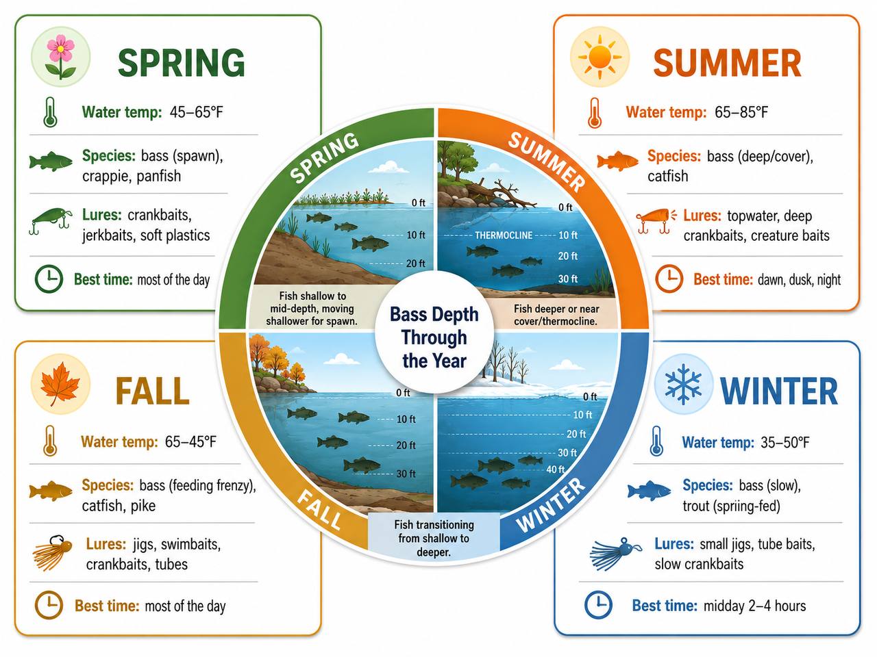 Four-season fishing reference card showing typical water temperature, target species, recommended lures, and best fishing times for spring, summer, fall, and winter, with a seasonal wheel graphic in the center