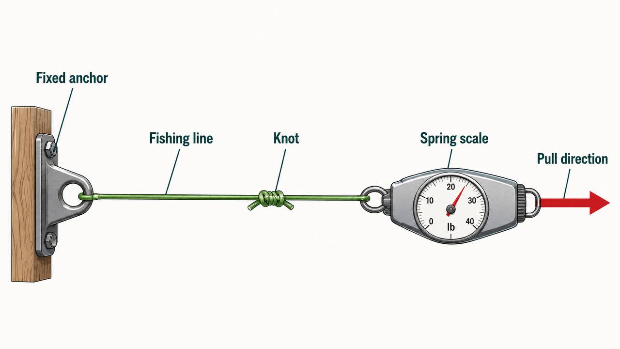 Diagram showing how to test fishing knot strength at home using a fixed anchor, fishing line, and spring scale, with pull direction indicated