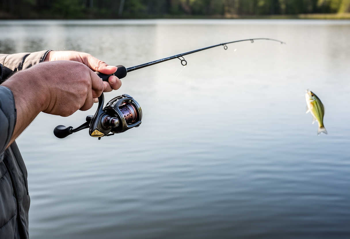 Angler using thumb to control spool while baitcasting