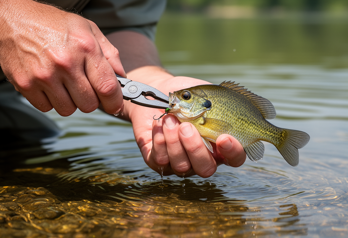 Close-up of wet hands using long-nosed pliers to remove a hook from a bluegill's mouth while supporting the fish horizontally.