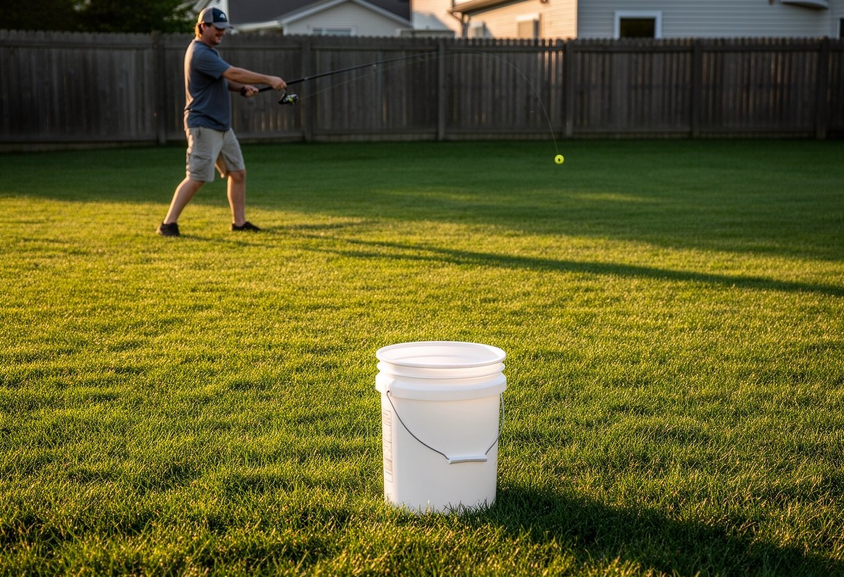 Backyard casting practice with bucket as a target for accuracy drills